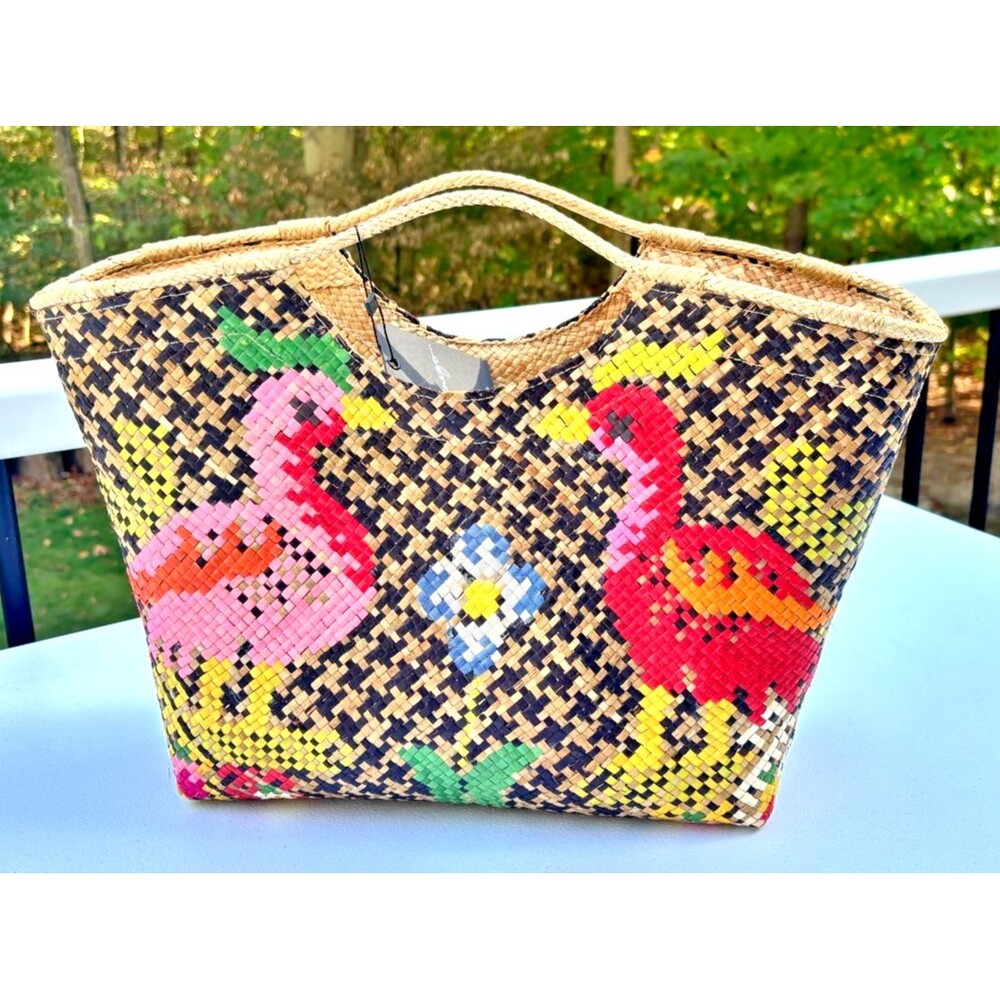 Banago Zippered Large Tote Artisan Hand Crafted Woven Straw Flamingo Liliana NWT - Picture 5 of 16
